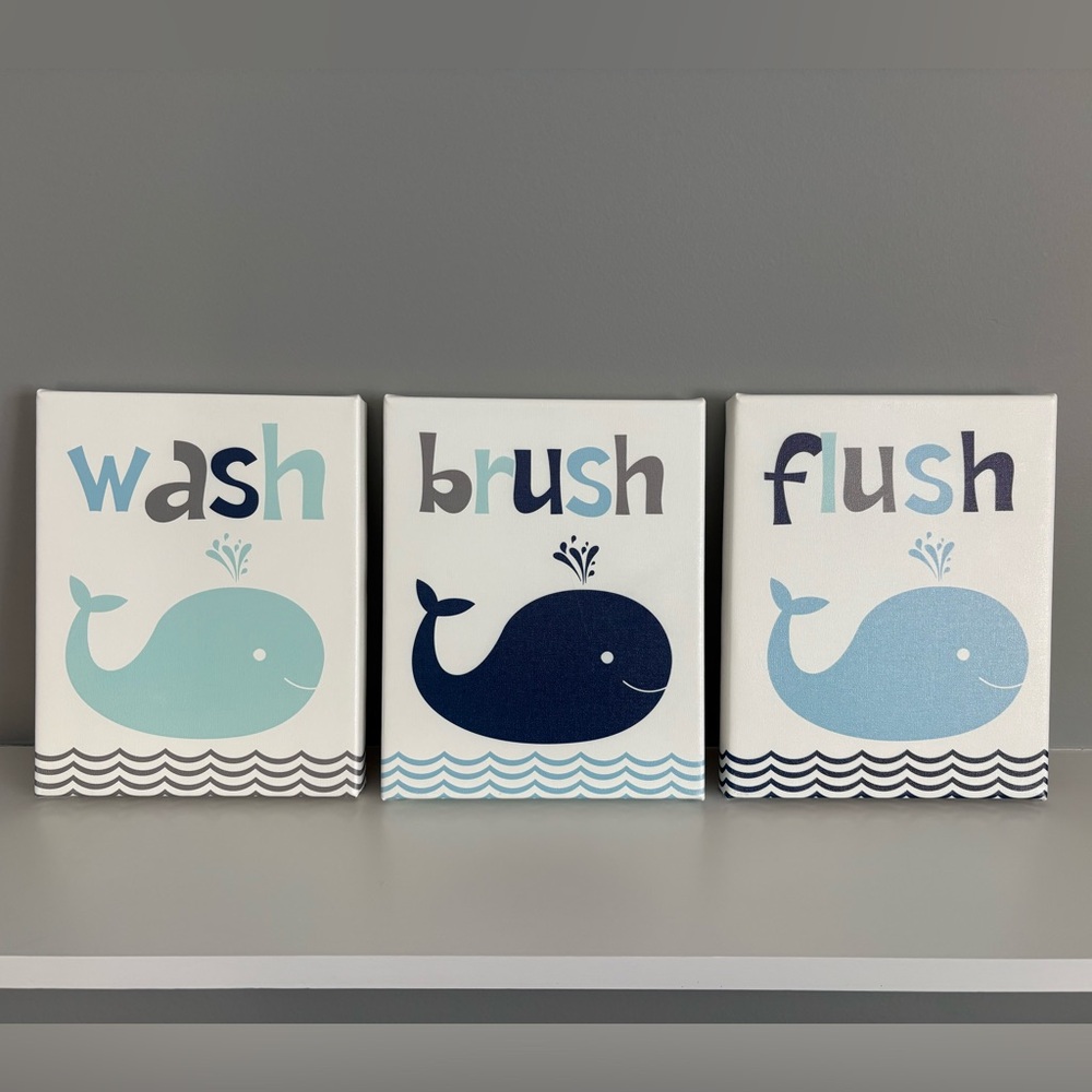 Whale Bathroom Canvas Wall Art - Wash Brush Flush - Nautical Kids Decor Set of 3
